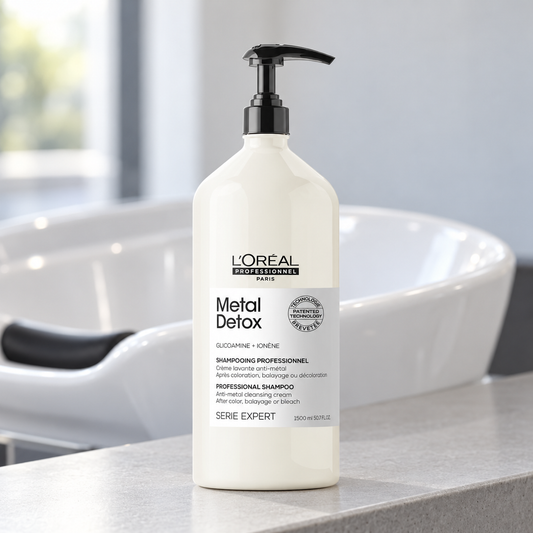 L’Oréal Professionnel Metal Detox Shampoo 1500ml pump bottle on a salon basin ledge.