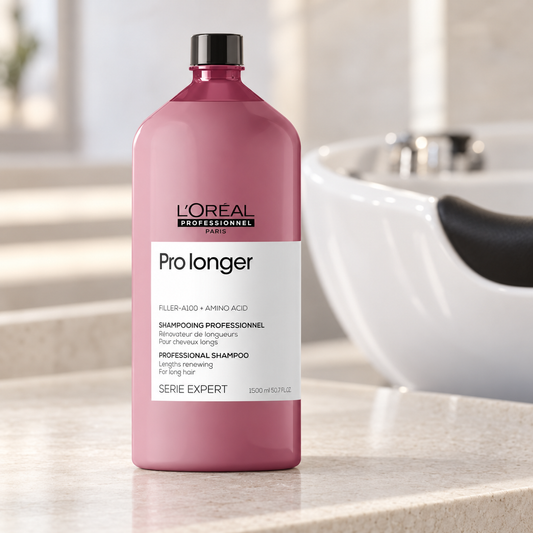 L'Oréal Professionnel Pro longer shampoo 1500ml standing beside a salon wash basin
