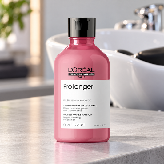 L’Oréal Professionnel Pro Longer Shampoo 300ml beside a salon wash basin.