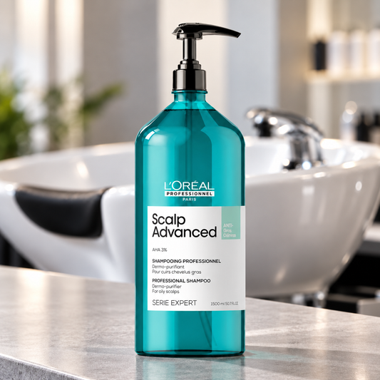 L’Oréal Professionnel Scalp Advanced Anti-Oiliness Shampoo 1500ml beside a salon wash basin.