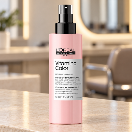 L’Oréal Professionnel Vitamino Color 10-in-1 Milk 190ml spray bottle on a salon styling counter.