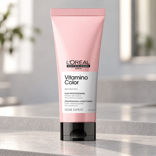 L’Oréal Professionnel Vitamino Color Conditioner 200ml on a salon counter.