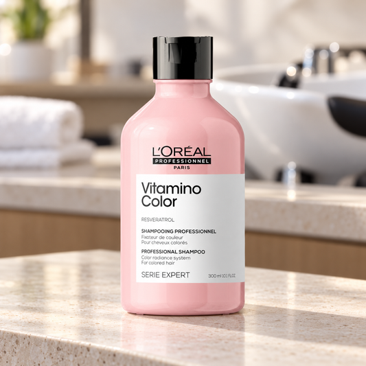 L’Oréal Professionnel Vitamino Color Shampoo 300ml beside a salon basin.