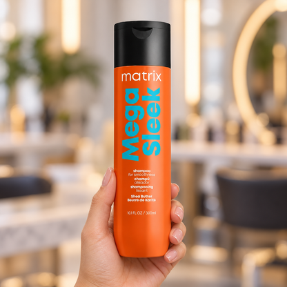 Matrix Mega Sleek Shampoo 300ml held upright with its orange bottle and black flip cap visible
