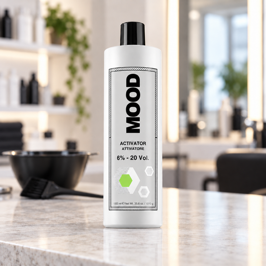 MOOD 20 Vol (6%) Activator 1L bottle on a salon colour preparation counter