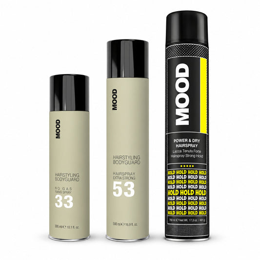 MOOD styling trio: 33 No Gas Fixing Spray 300ml, 53 Extra Strong Hairspray 500ml and Power and Dry Hairspray 750ml