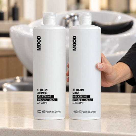 MOOD Keratin Shampoo and Mask in matching 1-litre bottles at a salon basin