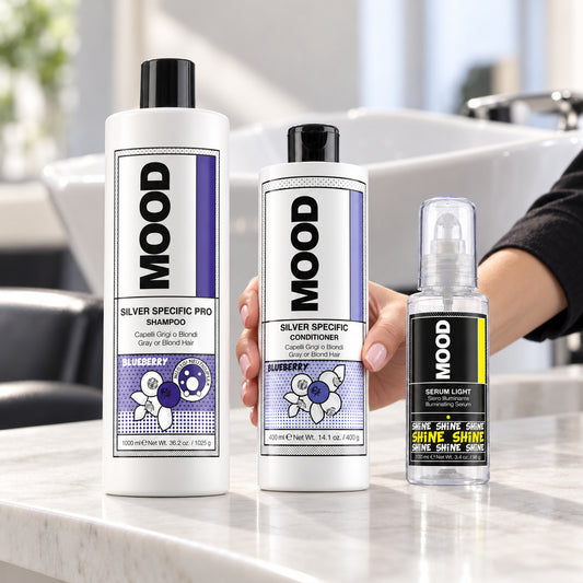 MOOD Silver Specific Shampoo 1L, Conditioner 400ml and Serum Light 100ml beside a salon basin