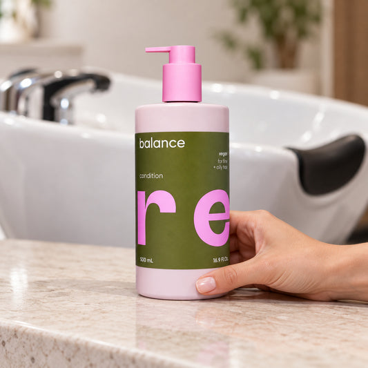 NAK CARE Balance Conditioner 500ml with pink pump held upright beside a salon wash basin