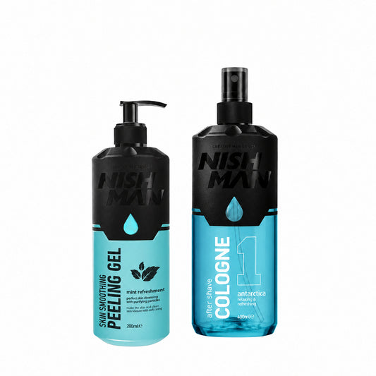 Nishman Peeling Gel 200ml and Antarctica No.1 After Shave Cologne 400ml duo on white