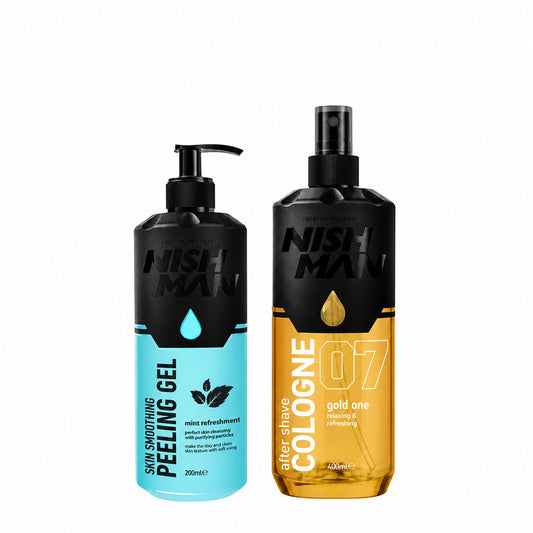 Nishman Peeling Gel 200ml and Gold One 07 After Shave Cologne 400ml duo on white