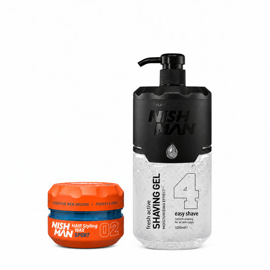 Nishman Sport 02 hair styling wax and No.4 clear shaving gel 1000ml duo on white