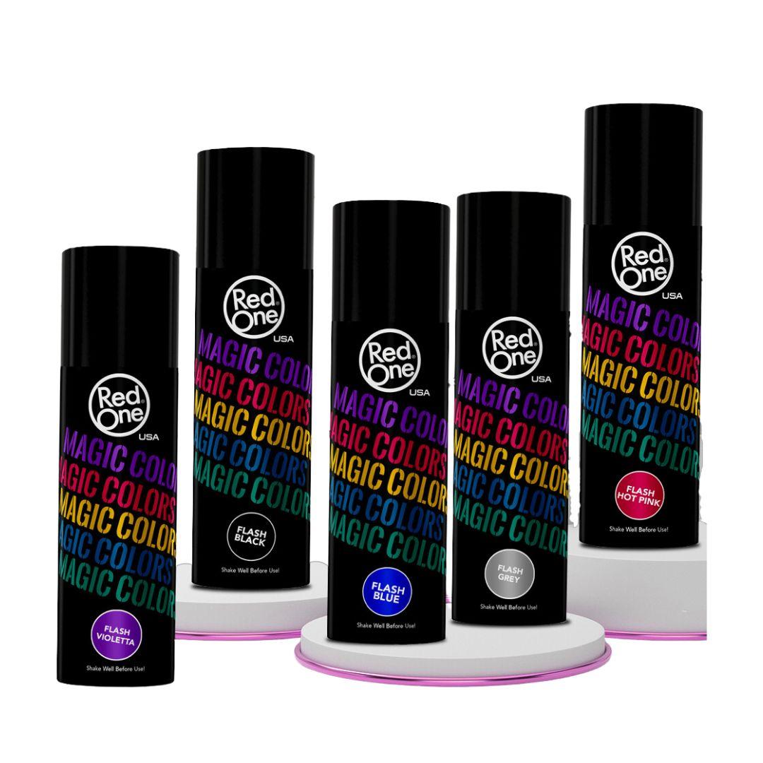 RedOne Magic Colors shade-range reference showing Flash Violetta, Black, Blue, Grey and Hot Pink; individual colour cans are sold separately