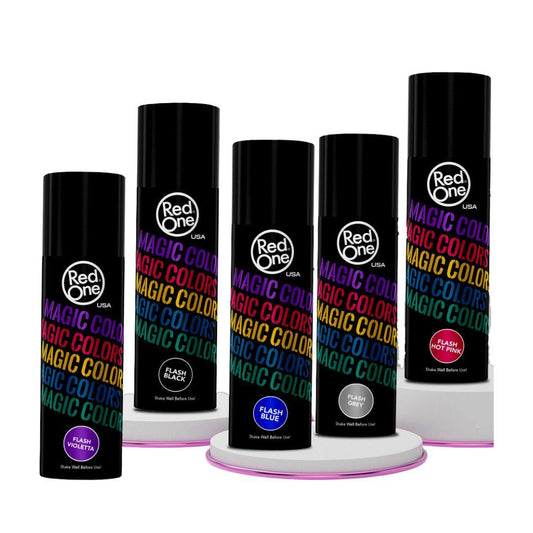 RedOne Magic Colors shade-range reference showing Flash Violetta, Black, Blue, Grey and Hot Pink; individual colour cans are sold separately