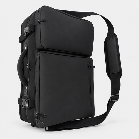 Black MV portable barber bag with its carry handle, front pockets and shoulder strap.