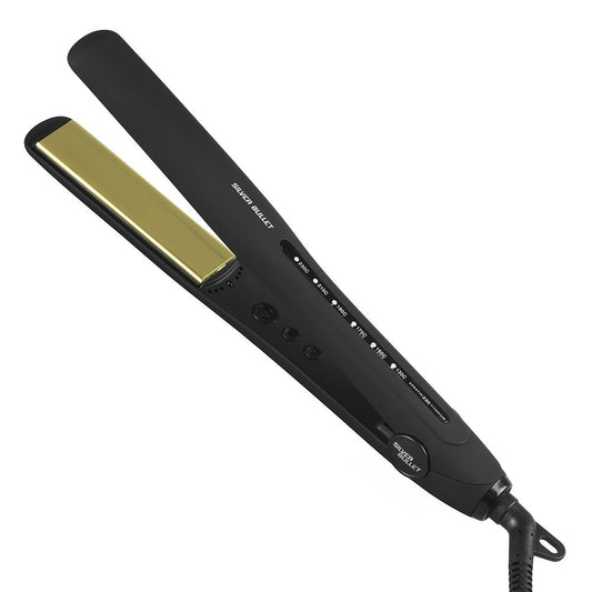 Silver Bullet Keratin 230 straightener with 25mm gold titanium plates and internal controls on white