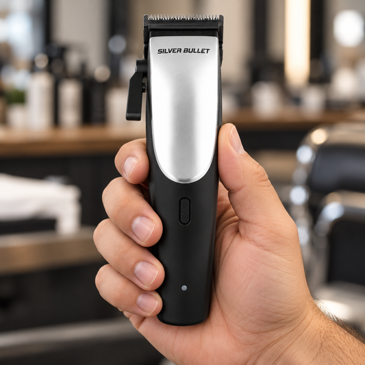 Silver Bullet Speed Demon clipper with black body held to show its blade and controls.
