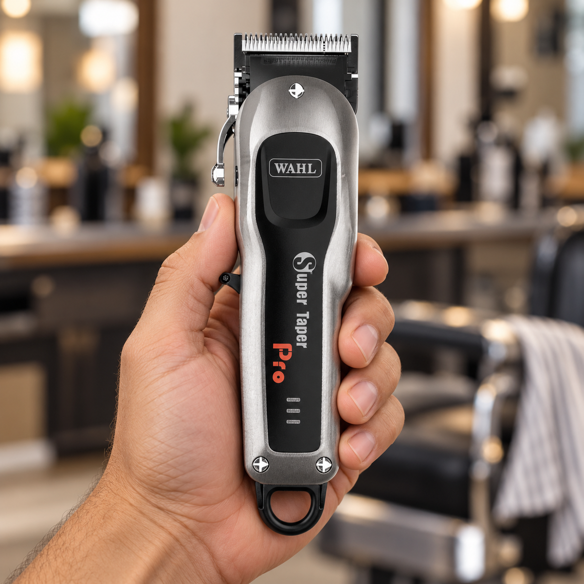 Wahl Super Taper Pro cordless clipper held upright showing its blade, taper lever and front controls
