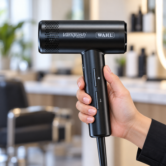 Black Wahl Vanquish Compact hair dryer held by the handle, showing its heat and speed controls