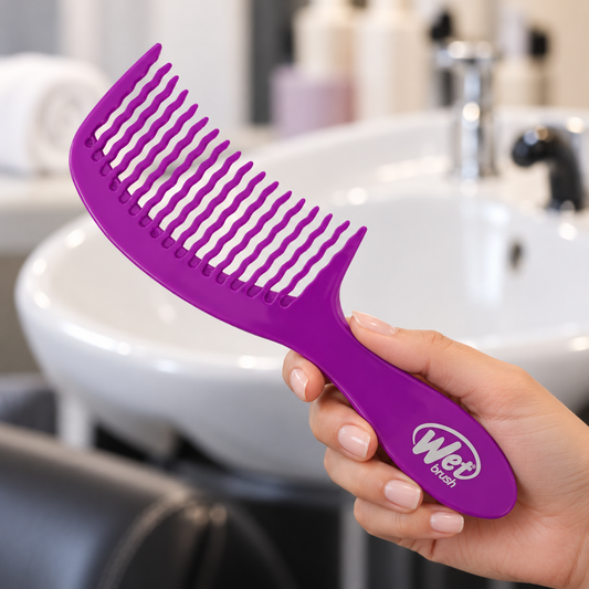 Purple Wet Brush detangling comb held by the handle beside a salon basin, showing its wavy teeth.