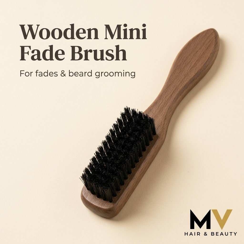 Wooden mini fade brush with For fades and beard grooming caption and small blended MV Hair & Beauty logo. AI-created product presentation.