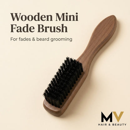 Wooden mini fade brush with For fades and beard grooming caption and small blended MV Hair & Beauty logo. AI-created product presentation.