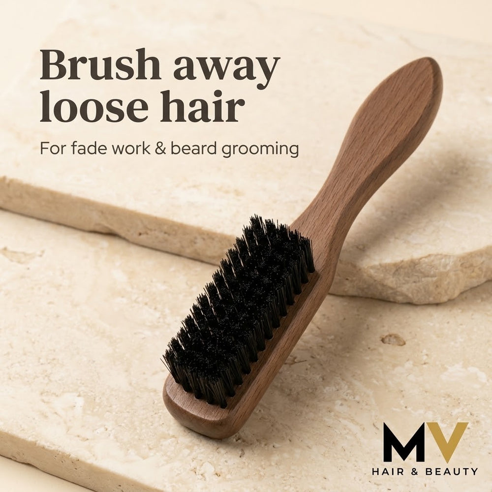 Wooden mini fade brush on pale stone with Brush away loose hair and For fade work and beard grooming captions, plus small blended MV logo. AI-created product presentation.