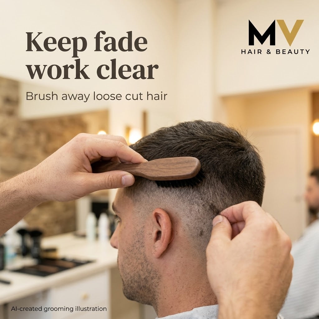 Adult barber brushing loose hair from a client's fade with wooden mini fade brush, Keep fade work clear caption, AI-created grooming illustration disclosure and blended MV logo.