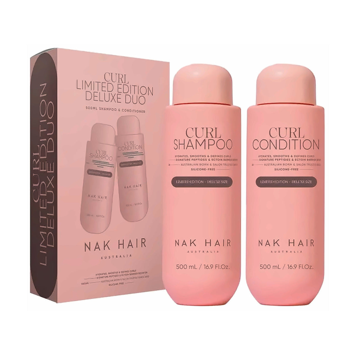 NAK Curl Shampoo and Condition 500ml bottles with limited-edition carton