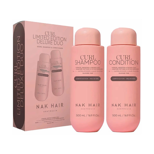 NAK Curl Shampoo and Condition 500ml bottles with limited-edition carton