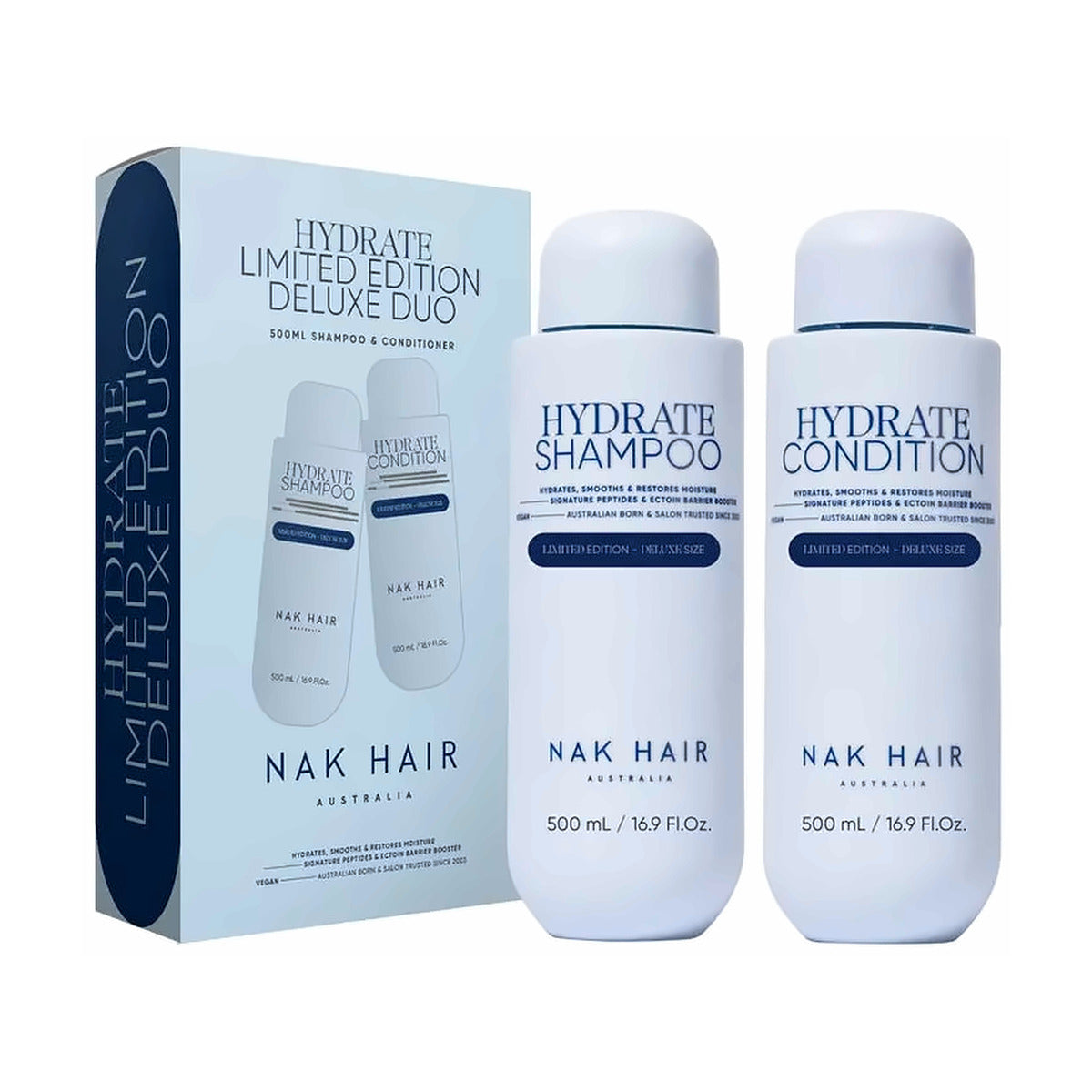 NAK Hydrate Shampoo and Condition 500ml bottles with limited-edition carton