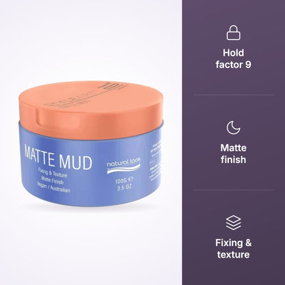 Natural Look StyleArt Matte Mud 100g key benefits infographic