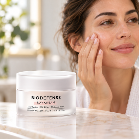 Biodefense Day Cream 60g beside a woman demonstrating gentle application to her cheek
