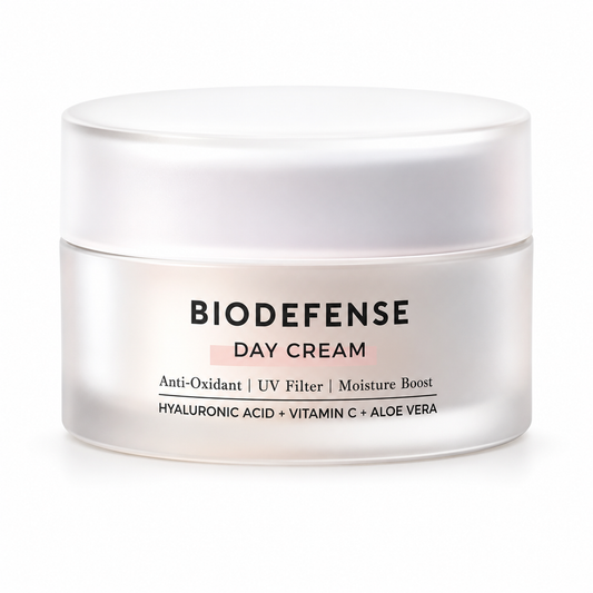 Natural Look Biodefense Day Cream 60g in its closed pearlescent white jar