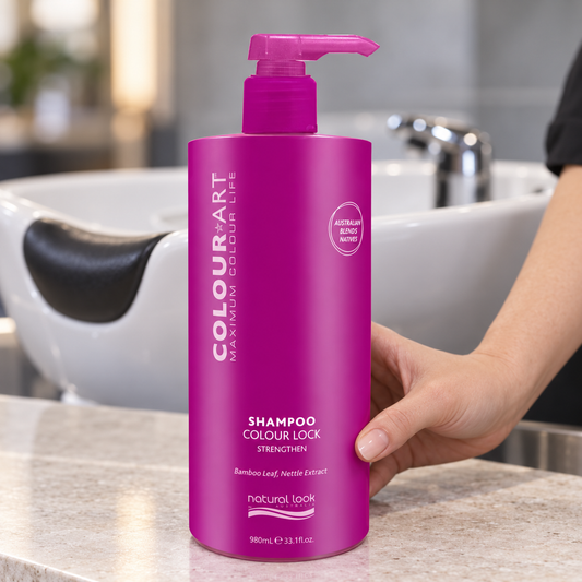 Natural Look ColourArt Shampoo 980ml pump bottle held beside a salon wash basin