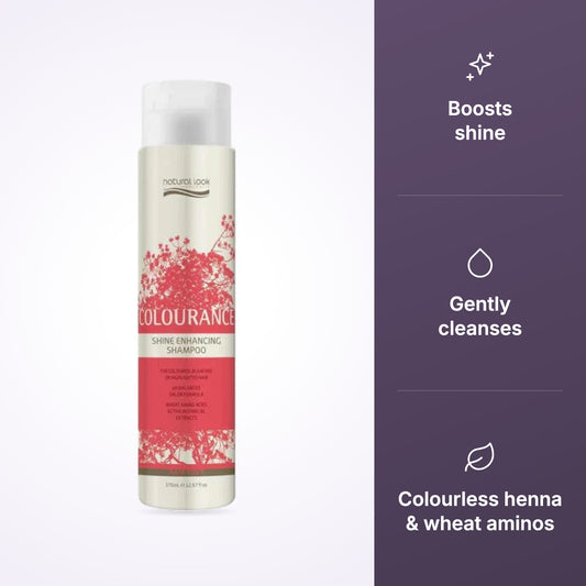Natural Look Colourance Shine Enhancing Shampoo features: boosts shine, gently cleanses, colourless henna and wheat aminos