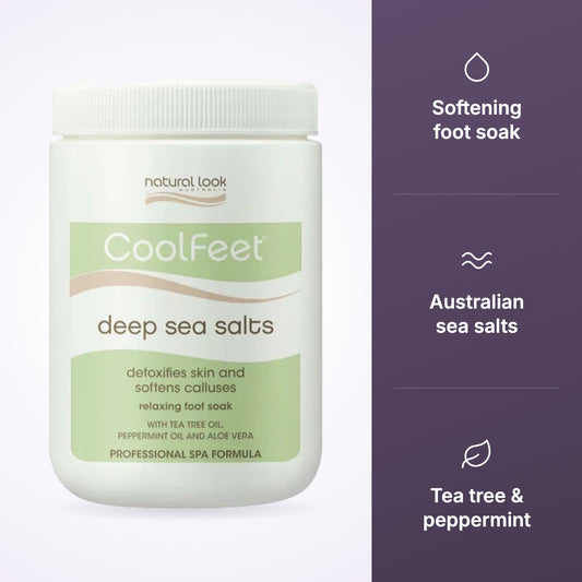 Natural Look Cool Feet Deep Sea Salts 500g key benefits infographic