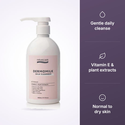 Natural Look Dermomilk Cleanser with gentle cleanse, vitamin E and normal-to-dry icons