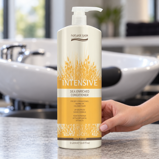 Natural Look Intensive Silk Enriched Conditioner 1L pump bottle held beside a salon wash basin