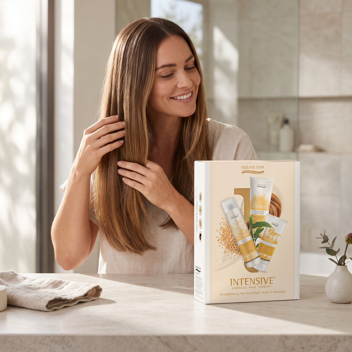 Natural Look Intensive Strengthening Hair Care Pack in use