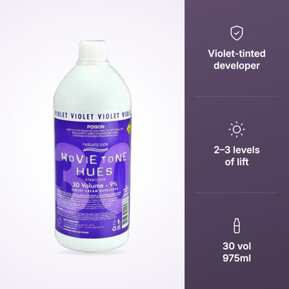 Natural Look Movie Tone Hues Violet Cream Peroxide 30 vol 975ml key benefits infographic