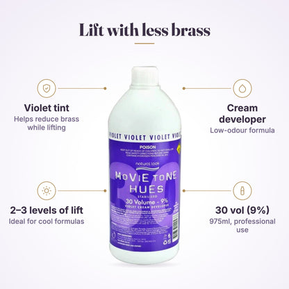 Natural Look Movie Tone Hues Violet Cream Peroxide 30 vol 975ml features infographic