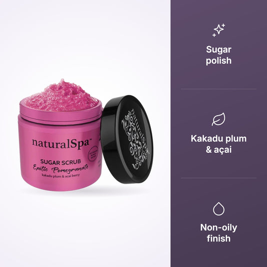 Natural Look NaturalSpa Exotic Pomegranate Sugar Scrub 500g key benefits infographic