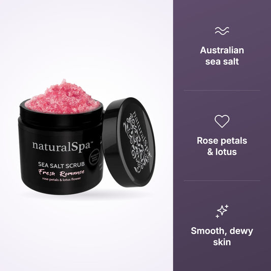 Natural Look NaturalSpa Fresh Romance Sea Salt Scrub 500g key benefits infographic