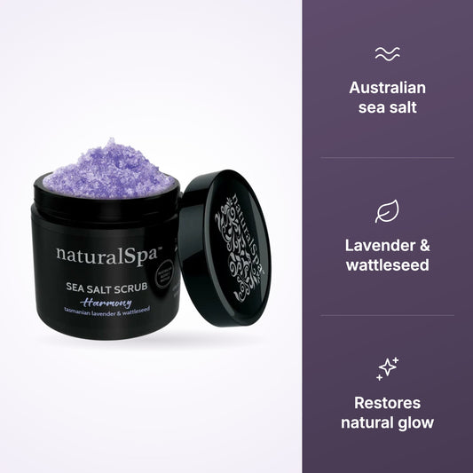 Natural Look NaturalSpa Harmony Sea Salt Scrub key benefits infographic