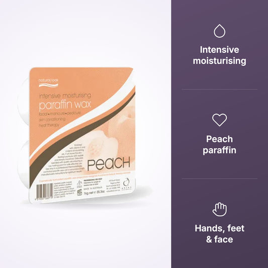 Natural Look Peach paraffin wax with moisturising and vitamin E icons