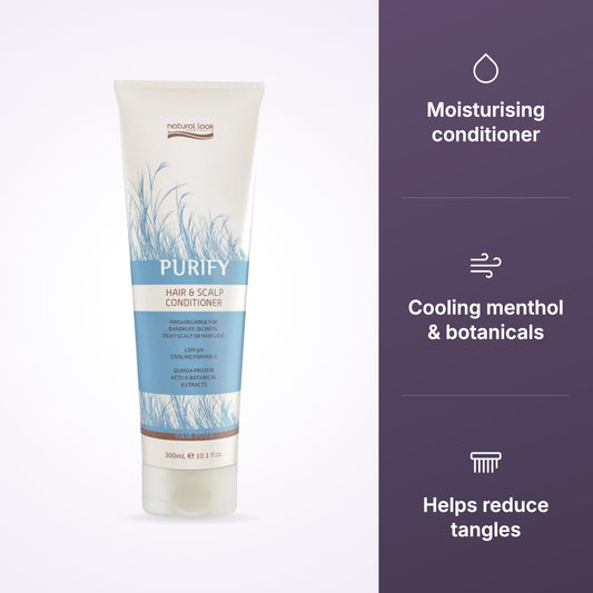 Natural Look Purify Conditioner features: moisturising conditioner, cooling menthol and botanicals, helps reduce tangles