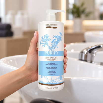 Natural Look Purify Anti-Hair Loss Shampoo 500ml pump bottle held beside a salon wash basin