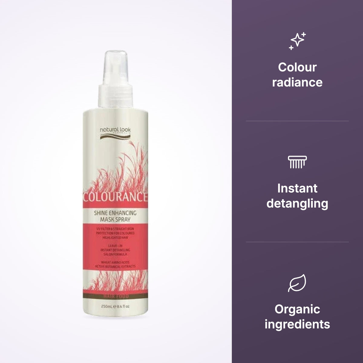 Natural Look Shine Enhancing Mask Spray 250ml key benefits infographic