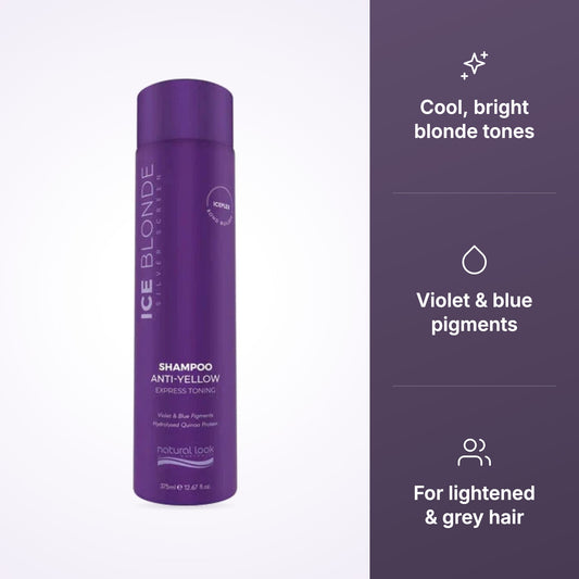 Natural Look Silver Screen Ice Blonde Shampoo features: cool bright blonde tones, violet and blue pigments, for lightened and grey hair